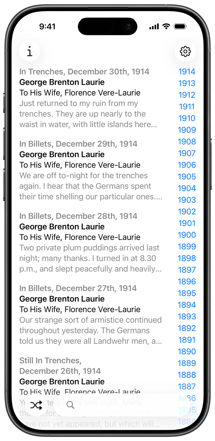 An image of the app in the main letter list view, showing the search bar and random letter button at the bottom, the info and settings button at the top, and the list of correspondence with an index of years on the right that navigates to the first message of that year.